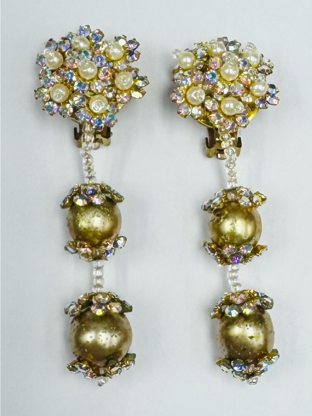 Vintage AB Rhinestone Faux Pearl Dangle Clip On Earrings Statement Tiered